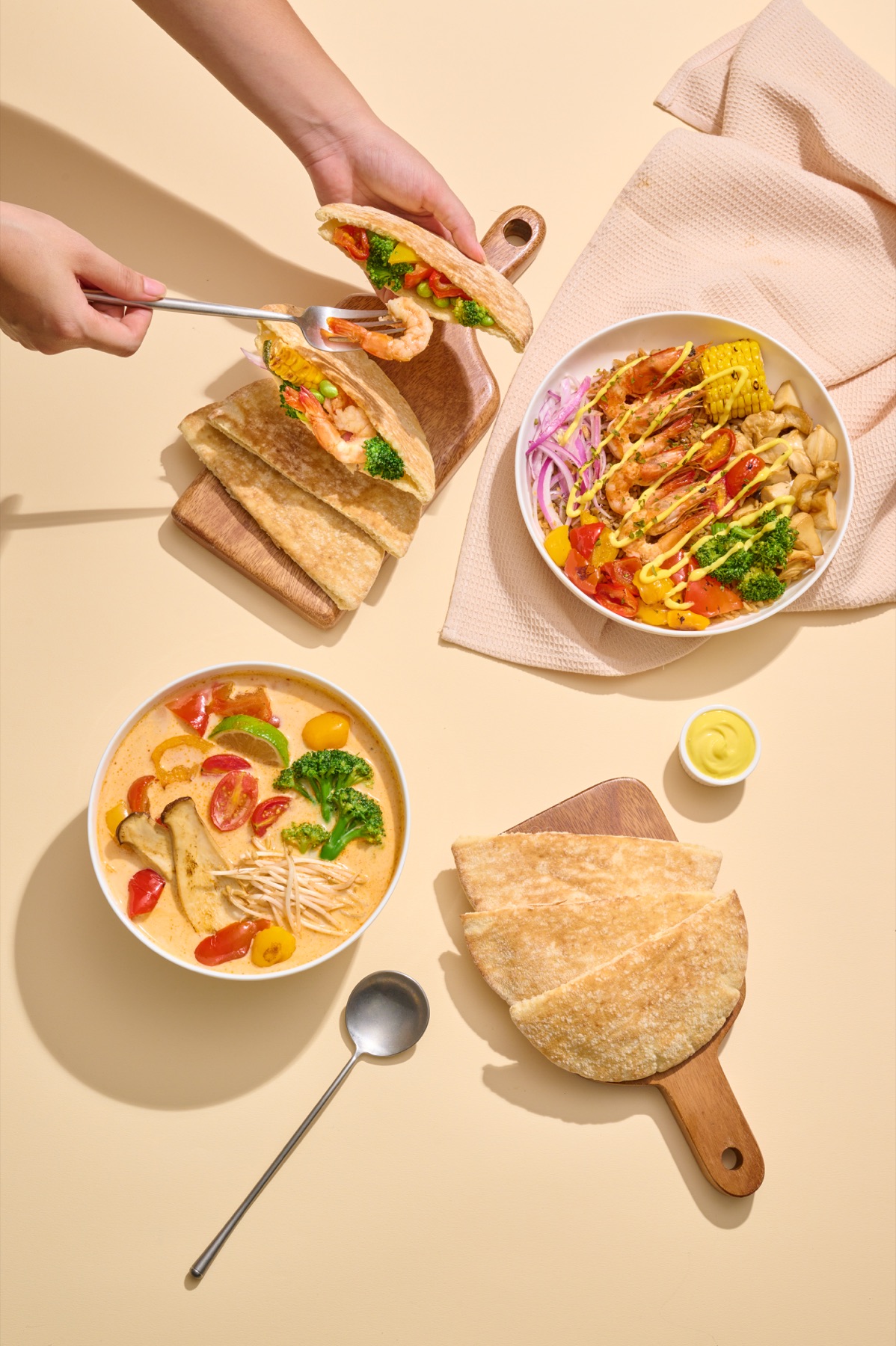Garlic Steam-Roasted Shrimp OKAO Bowl, pita pocket and Thai coconut vegetable soup